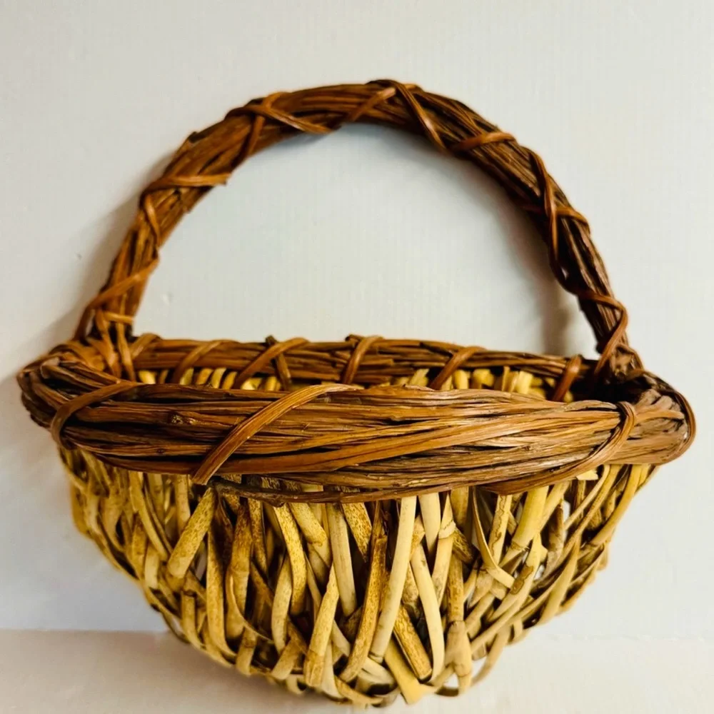 Wall Pocket Vintage Boho rattan twiggy 2 tone handmade in brown and tan
